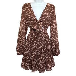 AKAIR Blush Animal Print Brown Front Tie Smocked Long Sleeve A-Line Mini Dress S